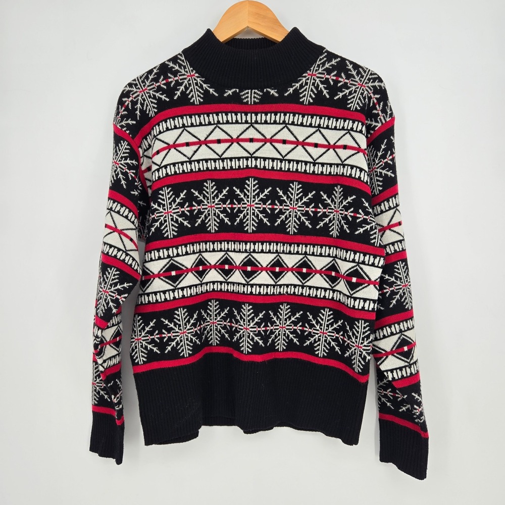 Mens L Vintage Snowflake Fair Isle Wool Blend Sweater Red Black M
